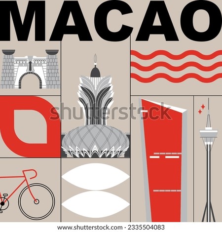 Typography word Macau branding technology concept. Collection of flat vector web icons. Culture travel set, famous architectures, specialties silhouette. Chiness famous landmark, split video screen