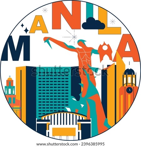 Typography word Manila branding technology concept. Collection of flat vector web icons. Asian culture travel set, architectures, specialties detailed silhouette. Doodle Philippines famous landmarks.