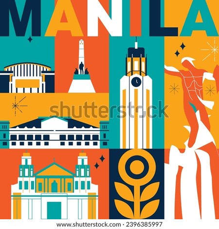 Typography word Manila branding technology concept. Collection of flat vector web icons. Asian culture travel set, architectures, specialties detailed silhouette. Doodle Philippines famous landmarks.