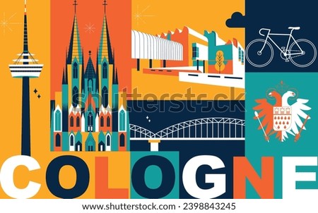 Typography word “Cologne” branding technology concept. Collection of flat vector web icons. Culture travel set, famous architectures, specialties detailed silhouette. German famous landmark