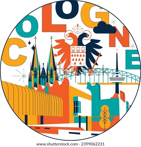 Typography word “Cologne” branding technology concept. Collection of flat vector web icons. Culture travel set, famous architectures, specialties detailed silhouette. German famous landmark