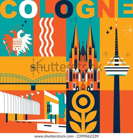 Typography word “Cologne” branding technology concept. Collection of flat vector web icons. Culture travel set, famous architectures, specialties detailed silhouette. German famous landmark