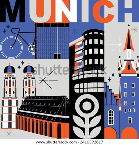 Typography word “Munich” branding technology concept. Collection of flat vector web icons. Culture travel set, famous architectures, specialties detailed silhouette. German famous landmark	