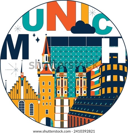 Typography word “Munich” branding technology concept. Collection of flat vector web icons. Culture travel set, famous architectures, specialties detailed silhouette. German famous landmark	