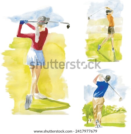 Abstract cartoon scene of golf players teeing off. Watercolor vector illustration for the sport club, tee. Golfer girl and man position on the field. Gift card, game party invitation, shop sale.