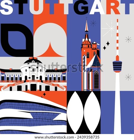 Typography word “Stuttgart” branding technology concept. Collection of flat vector web icons. Culture travel set, famous architectures, specialties detailed silhouette. German famous landmark