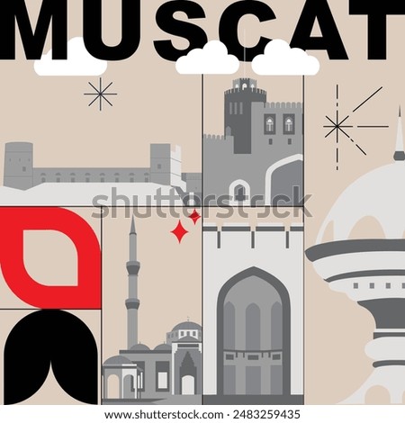 Typography word Muscat branding technology concept. Collection of flat vector web icons. Arabian culture travel set, architectures, specialties detailed silhouette. Doodle famous landmarks.