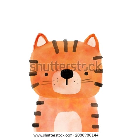 Funny watercolor little tiger. Childish graphic. Hand drawn illustration.