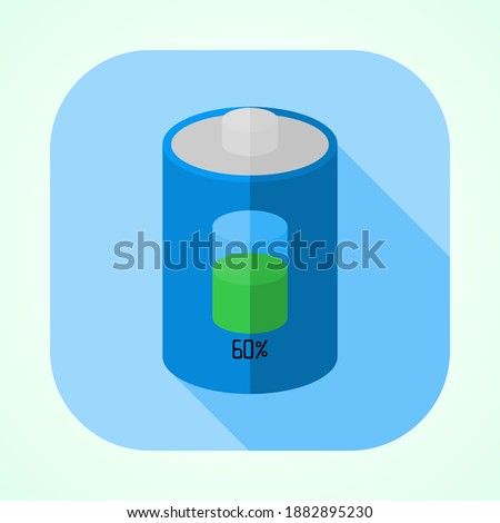 battery icon, Blue battery shows green energy stock with sixty percent on blue background, Vector a flat with shadow illustration.