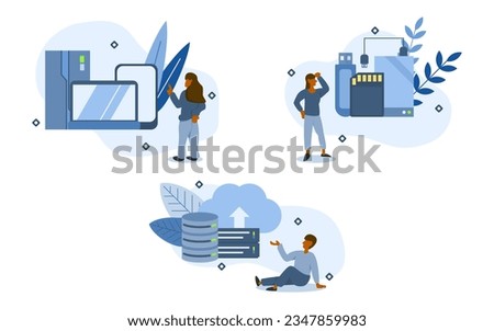 Back up storage illustration set. characters choose to use equipment such as personal devices, external hard disk, and cloud services in backup storage. backup storage devices concept vector.