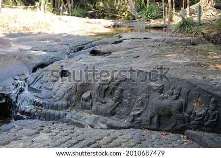 Stone rock relief carvings at Kbal Spean, Cambodia Imagine de stoc © 