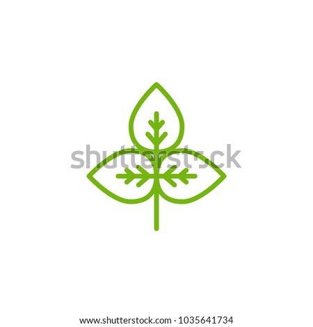 Sprig with three green leaves.  silhouette leaf. Icon Isolated on white. Logo for eco company, agriculture, nature firm, ecology, healthy organic and farm fresh food. Vector Illustration