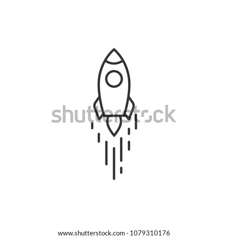Outline rocket ship with fire. Isolated on white. Flat line icon. Vector illustration with flying rocket. Space travel. Project start up sign. Creative idea symbol. Black and white.