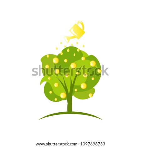 Green tree with gold coins pouring by gold watering can. Money tree isolated on white background. Flat vector illustration of growing profit and wealth. Investment logo. Flat style.