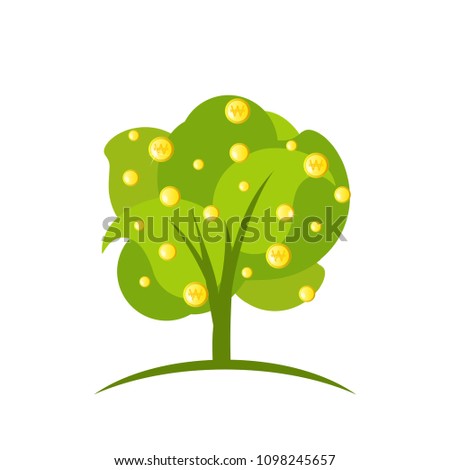 Green tree with gold korean won coins. Money tree isolated on white background. Flat vector illustration of growing profit and wealth. Investment logo. 
