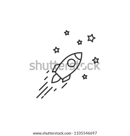 Outline rocket ship with stars. Isolated on white. Flat line icon. Vector illustration with flying rocket. Goal achieve. Project start up sign. Creative idea symbol. Black and white.