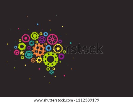 bright brain made of colorful gears and wheels icon isolated on wide black background. Combination of pinions. Vector flat illustration for technology or innovation. Creative mind pictogram. 