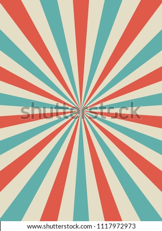 Sunlight retro narrow vertical background. Pale red, blue, beige color burst background. Fantasy Vector illustration. Magic Sun beam ray pattern background. Old paper starburst. Circus style