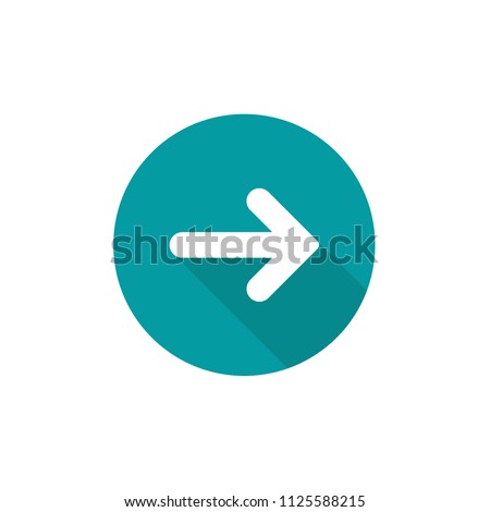 white right rounded arrow with shadow in blue circle icon. Isolated on white. Continu, log in, enter button.  Next sign. East arrow.