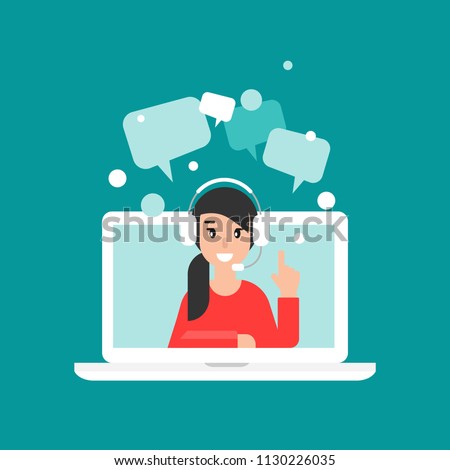 Happy operator on computer screen with headphones and microphone. flat vector illustration on blue background. girl with headset on laptop. consulting, job online, internet. Call center. help
