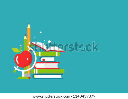 Stack of books, pen, pencil and apple globe on blue background. Vector flat illustration. reading and learning power logo. Imagination and inspiration. back to school. Knowledge day