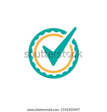 Valid Seal icon. Blue circle with ribbon outline and white sharp tick. Flat OK sticker icon. Isolated on white. Accept button. Good for web and software interfaces. Vector illustration.