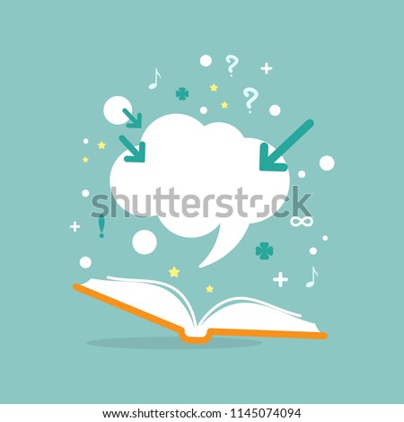 Open book with question marks, plus singn, arrows and speech bubble on powder blue background. Flat vector reading icon. Quotation book pictogram. Education symbol. Curiosity logo.