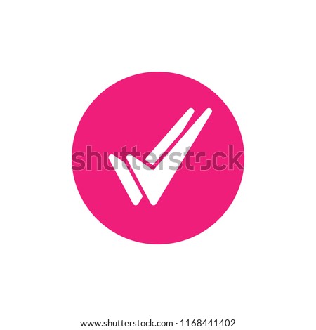 Valid Seal icon. White double tick in pink circle. Flat done sticker icon. Isolated on white. Accept button. Good for web and software interfaces. Vector illustration. Check Mark. 