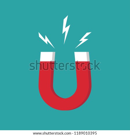 Red horseshoe magnet with magnetic power sign on blue background. u-shaped magnet icon. Magnetism, magnetize, attraction concept. Vector illustration