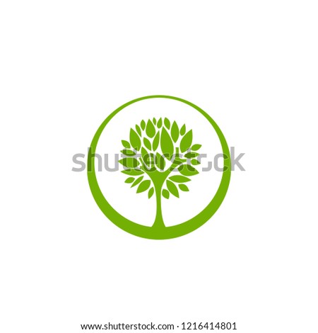Green flat tree with sharp leaves  in circle isolated on white. organic symbol. Natural, fresh, eco logo. Wild nature.  environment day logo. Earth day or Arbor day icon. Vector illustration. Clip art