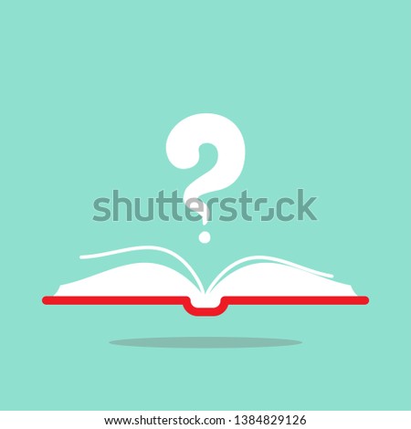 Open book with red book cover and white question mark. Isolated on turquoise background. Flat vector reading icon. Unknown book pictogram. Ask symbol. Curiosity logo.