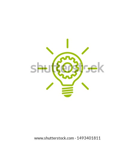 Green  bulb with gear and rays flat icon. Isolated on white. New business idea. New technology. Eco Idea. Design thinking. Vector illustration. Settings, technology label