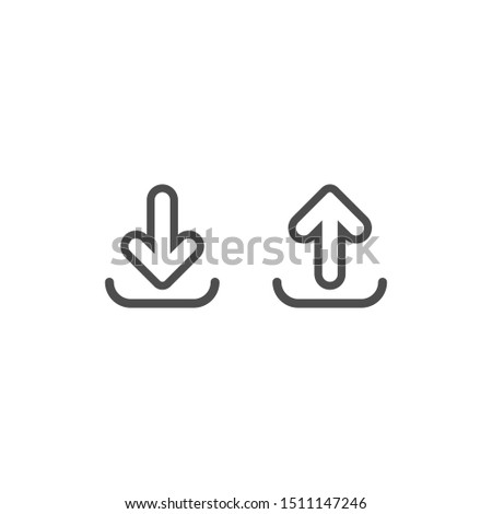 black line arrow up in box and arrow down in box. flat icon isolated on white. point down button. south sign. Upload icons set. Upgrade. download, share