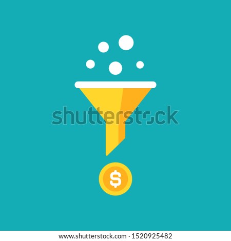gold data filter or strainer with filtering circles and dollar coin. flat data funnel icon. isolated on blue. Analytics info, tunnel information, marketing research. vector illustration
