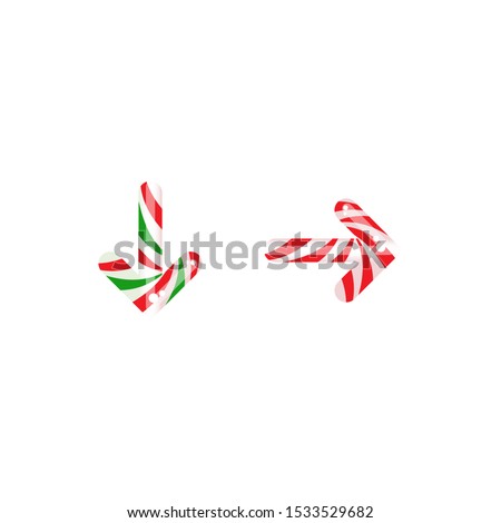 Striped peppermint candy arrows set. Vector icon isolated on white background. Download, upload, next, buttons.  Right and down arrow. glossy Christmas arrow. Holiday clipart