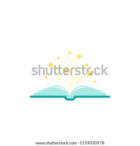 Open blue book with gold stars flying out. Isolated on white background. Flat icon. Vector illustration. Magic reading logo. Fairytale pictogram. Knowledge power sign. Kids book.