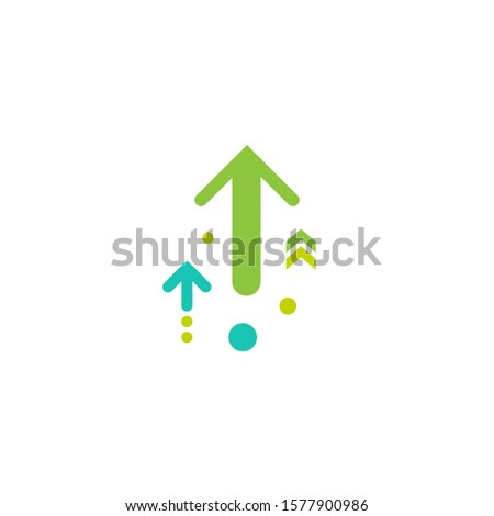 three green arrows up with dots on white background. Launch, upgraid icon. Creative project start, business advance, breakthrough sign. Fast growth symbol. Speed, grow up, increase