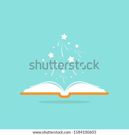 Open book with white stars flying out.  Isolated on powder blue background. Flat icon. Vector illustration. Magic reading logo. Fairytale pictogram. Book for kids