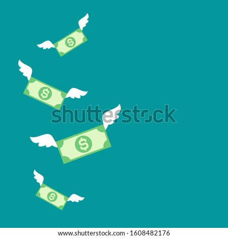 dollar banknotes with white wings. Flat  blue background. Flying money. Economy, finance, money pictogram. Wealth symbol.  Vector illustration. Free, easy.  Spend, expenses  