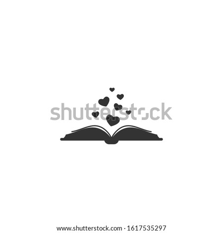 Open book with pages and hearts flying out.  Isolated on white background. bibliophile flat icon. Vector illustration. Love reading logo. Romantic book pictogram. Black and white.