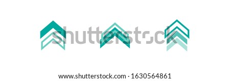 three blue squared arrows up icon. swipe up buttons set.  Isolated on white. Upload icon.  Upgrade, speed up sign. North pointing arrow.