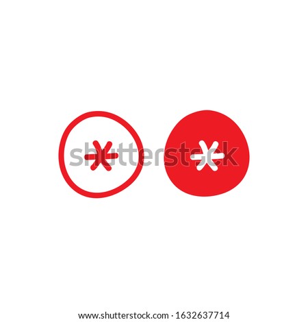 red hand drawn asterisk footnote in circle icon. Flat icon of lopsided footnote isolated on white background. Vector illustration. cartoon star note symbol for more information