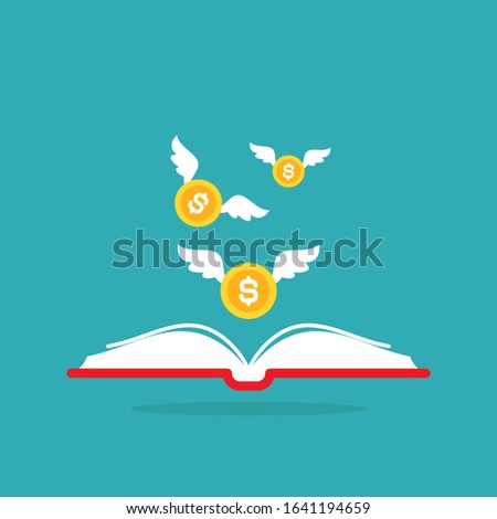 red open book with colden dollar coins with wings flying out on blue background.  Money book business concept. Flat vector illustration. Account book symbol.  Investment ideas. 