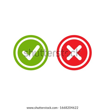 Set of check mark icons. green rounded tick in circle and red cross in circle. Flat cartoon style. Vector illustration.  Flat yes and no buttons. 