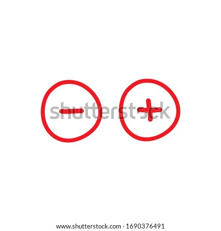 Plus and minus red hand drawn buttons in circle.  flat vector icons isolated on white. Add or plus purchase pictogram. Good for web and mobile design.