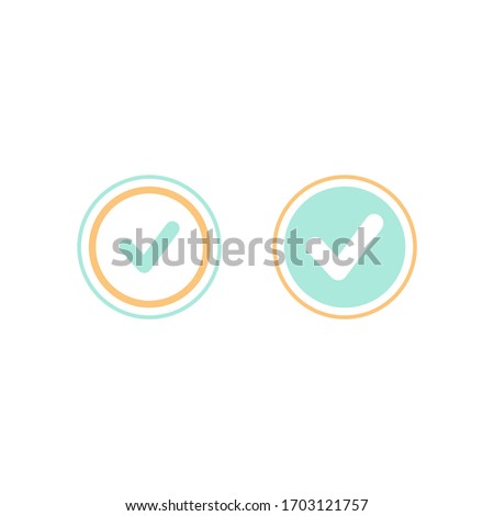Valid Seal icons set. Blue circle with ribbon outline and squared tick. Flat OK sticker icon. Isolated on white. Accept button. Good for web and software interfaces. Vector illustration.
