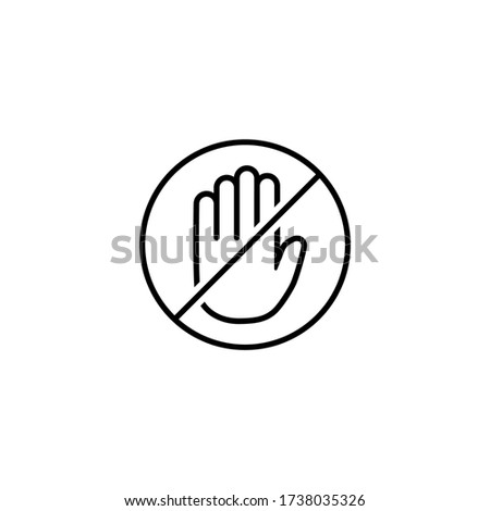 black line hand silhouette in crossed circle isolated on white background. Stop, ban, block  sign. Do not touch symbol. prohibition sign. Vector illustration. No entry prohibition. 