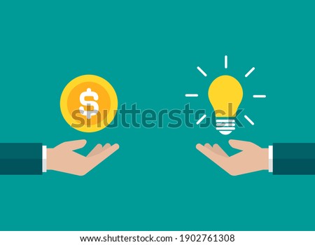businessman hands with yellow shining bulb and money. Vector flat illustration on blue. Ideas exchange, buy. Financial success, salary, investment,  dividend. Idea, inspiration.