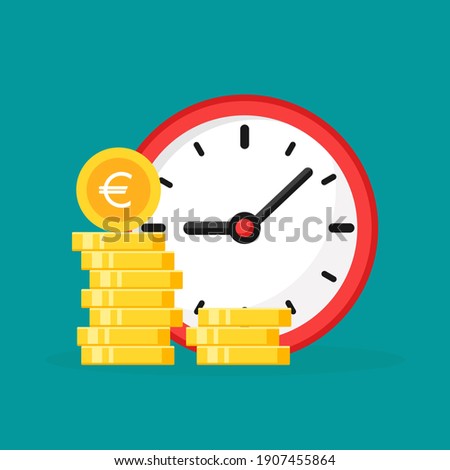 Time is money. Golden euro coins stack with red clock on turquoise background. Fast time stop watch, limited offer, deadline symbol. Vector illustration. Money, coin, salary. 