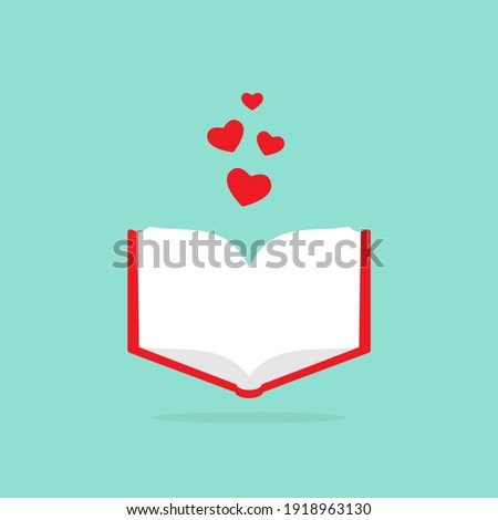 Open book with red cover and red hearts flying out. Isolated on blue background. bibliophile flat icon. Vector illustration. Love reading logo. Romantic book. St. Valrntine card